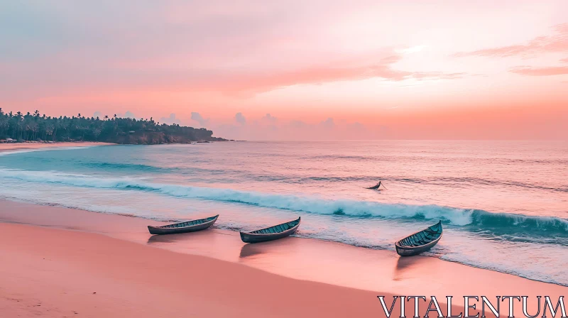 Sunset on Beach with Boats AI Image