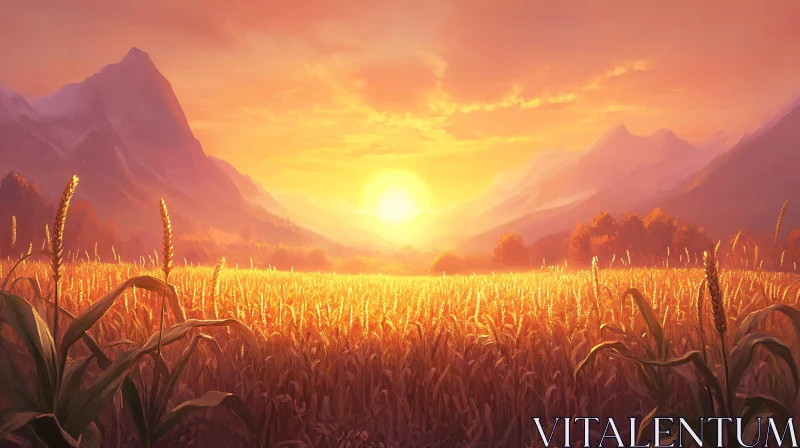 Serene Cornfield at Sunset with Mountain Landscape AI Image