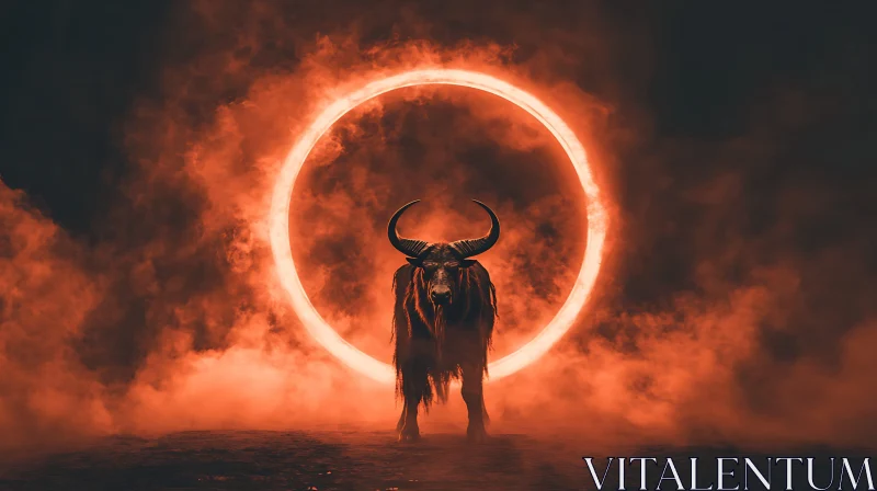 Bull within Fire Circle - Intense Mystical Image AI Image