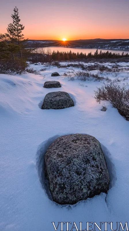 AI ART Serene Winter Sunset with Snow-Covered Stones