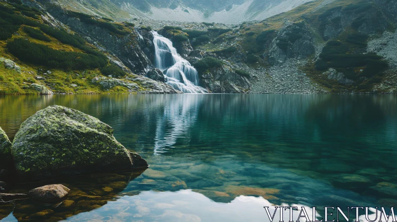 AI ART Tranquil Lake and Waterfall in the Mountains