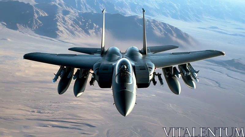 Military Aircraft in Flight Over Desert AI Image