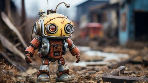 Charming Toy Robot Amidst Rustic Landscape