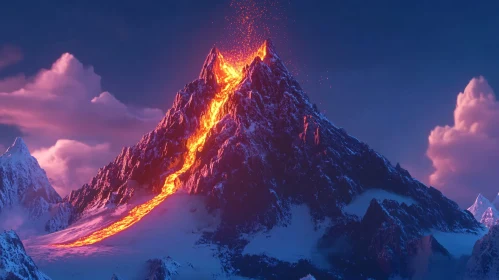 Fiery Volcano Eruption with Snow-Capped Peaks