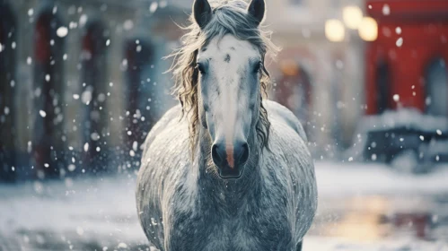 Grey Horse Walking Through a Snowy City Street