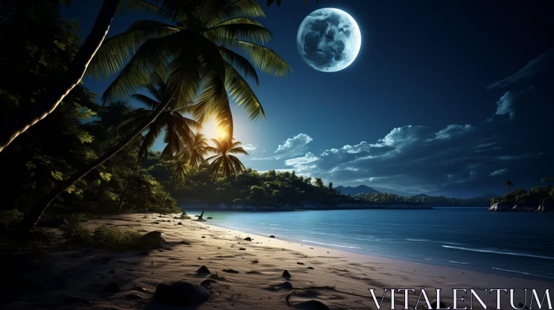 Moonlit Tropical Beach: A Photorealistic Ocean Landscape Art AI Image