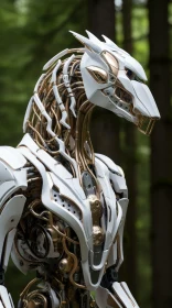 White and Gold Robot Amidst the Forest: A Blend of Technology and Wilderness