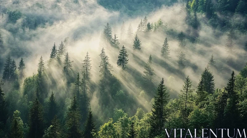 Mystical Sunlit Forest in the Mist AI Image