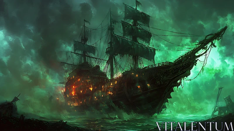 Mystical Ship Sailing Through a Green Storm AI Image