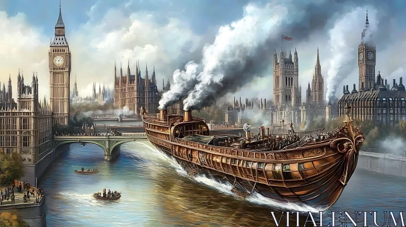 London Steampunk Adventure on the Thames AI Image