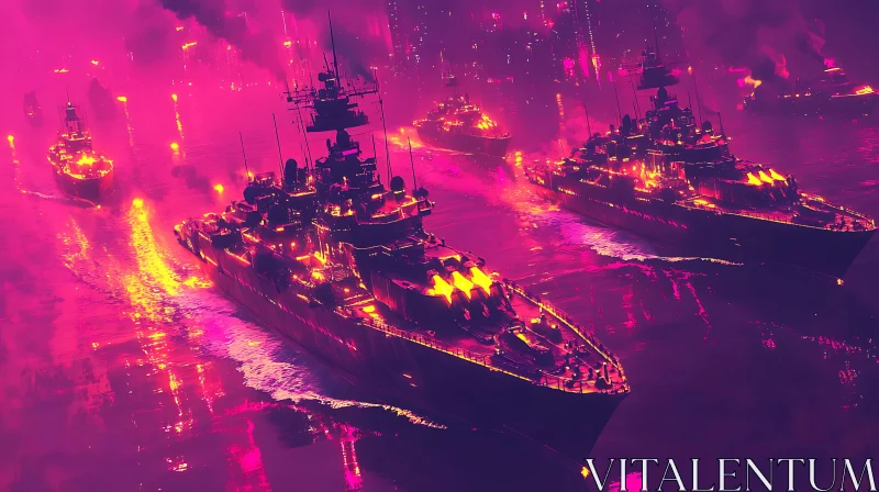 Battleships in a Neon-Lit Cityscape AI Image