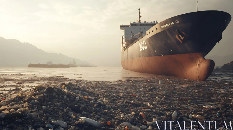 Pollution Surrounding Cargo Ship at Golden Hour AI Image