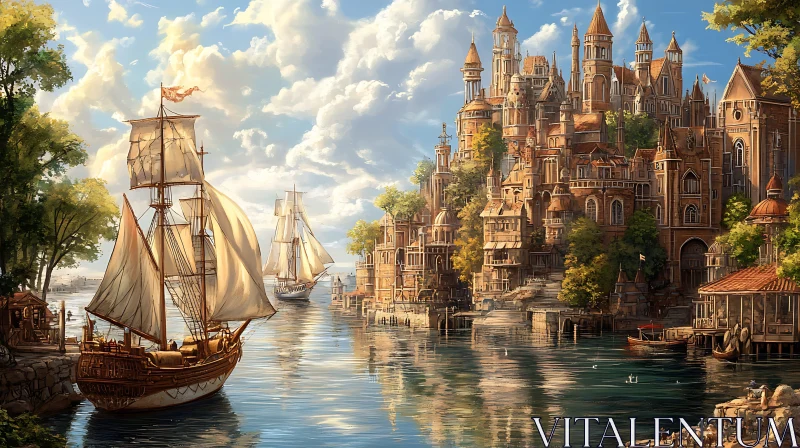 Majestic Waterside Castle and Sailboats AI Image