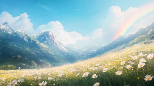 Idyllic Alpine Meadow with Daisies and Rainbow