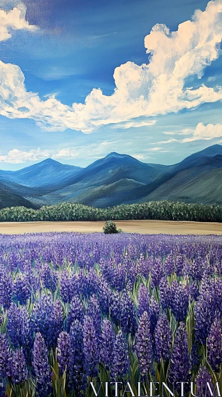 Lavender Blossoms with Scenic Mountain Backdrop AI Image