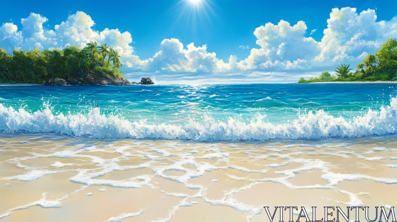 AI ART Serene Beach with Waves and Tropical Island