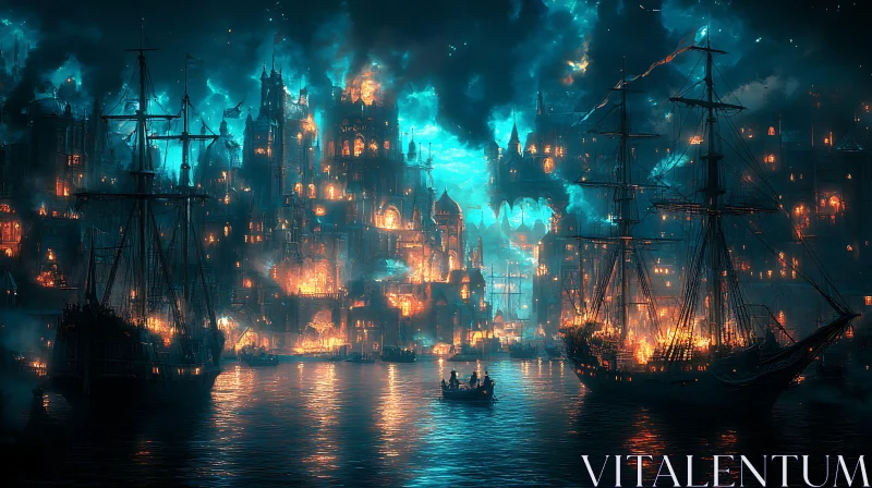 Fire Engulfs Medieval City by the Water at Night AI Image