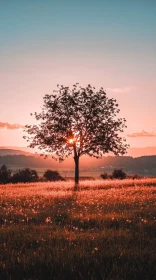 Sunset Behind a Tree in a Serene Field