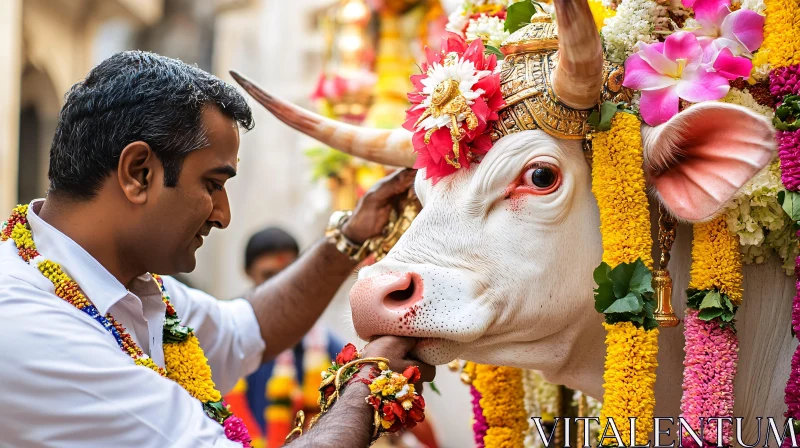 Vibrant Cultural Festival with Decorated Cow AI Image