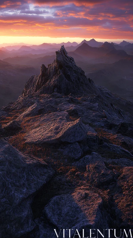 Majestic Sunset Over Mountain Peaks and Rugged Terrains AI Image