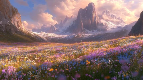 Snow-Capped Mountains and Radiant Flower Field