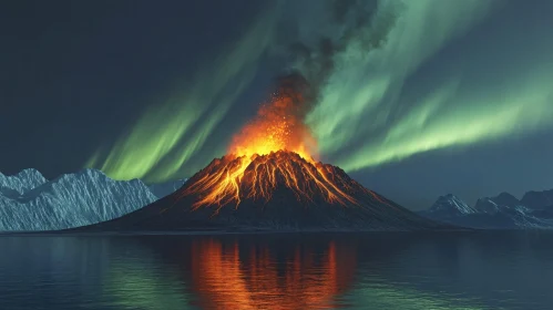 Volcano Eruption Illuminated by Northern Lights