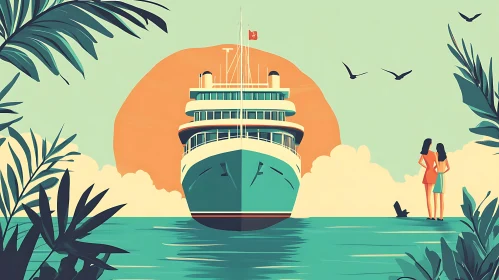 Sunset Voyage Illustration with Ship and Spectators