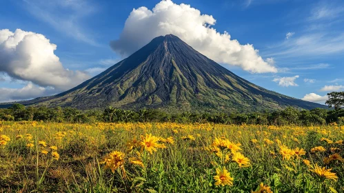 Breathtaking Mountain Scenery with Yellow Flower Field