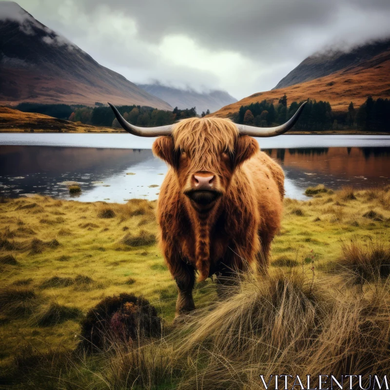 Highland Cow by Lake in Moody Colors - Naturalistic Portraiture AI Image