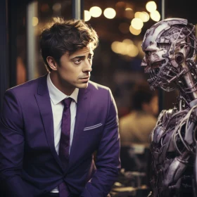 Man in Suit Staring at a Robot - Violet Romantic Emotivity