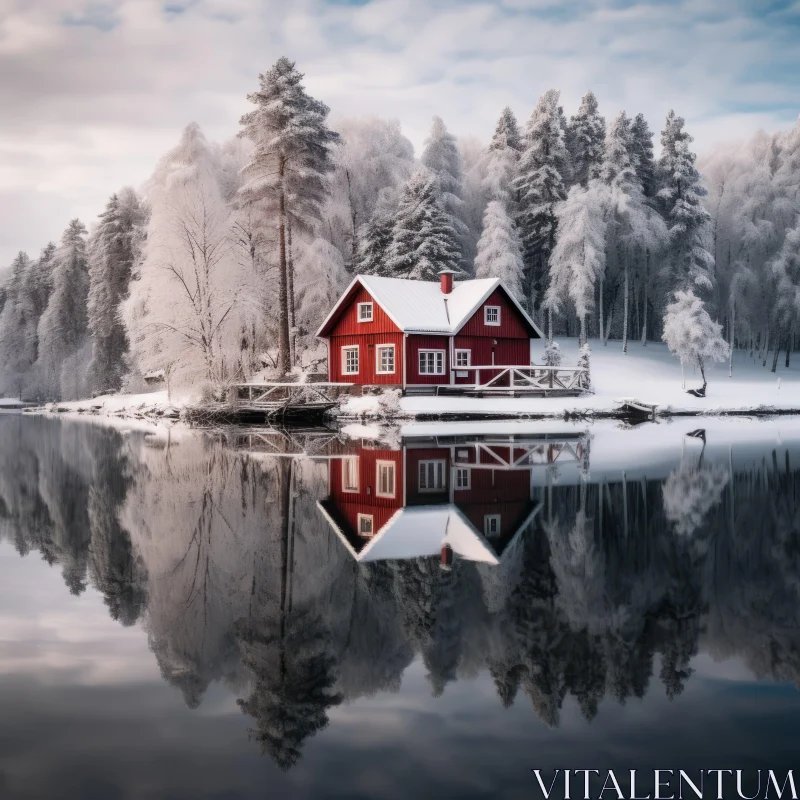 Red House on Frozen Lake: A Winter Fairytale AI Image