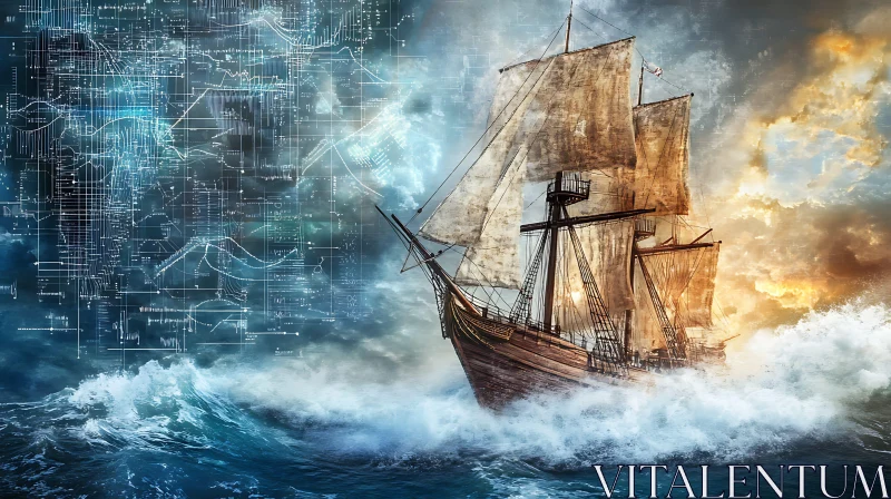 AI ART Ship Navigating Stormy Seas with Tech Overlay