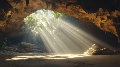 Sunbeams Illuminating Forest Cave