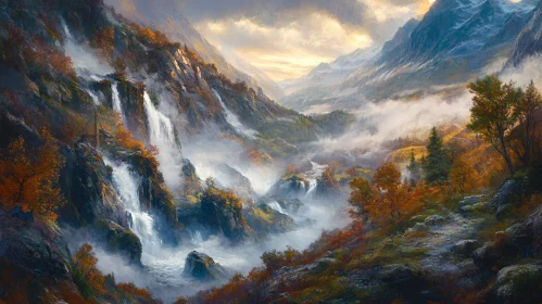 Autumn Landscape Featuring Serene Waterfalls