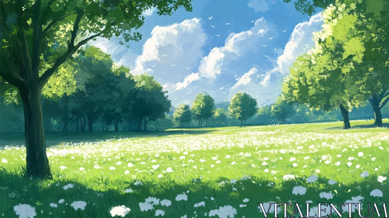 Serene Meadow with White Blossoms AI Image