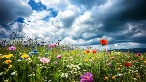 Wildflowers in Bloom Amidst Cloudy Sky