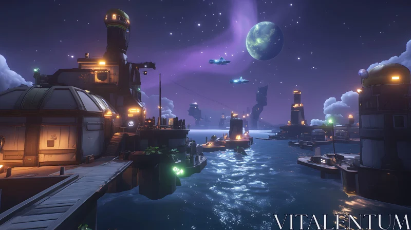 Sci-Fi Harbor with Spaceships and Night Sky AI Image