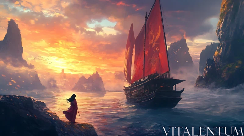 Sunset at Sea with Red-Sailed Ship and Cliffs AI Image