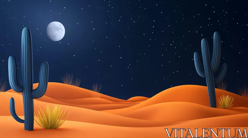 Desert Night Scene with Cacti and Moonlight AI Image