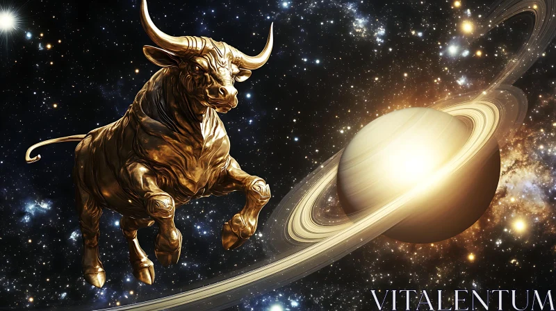 AI ART Mythical Golden Bull in the Cosmos Near Saturn