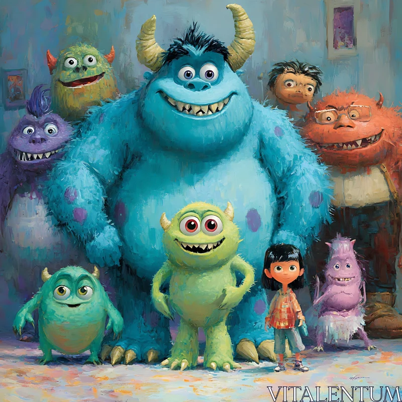 Cheerful Cartoon Monster Family with Human Kid AI Image