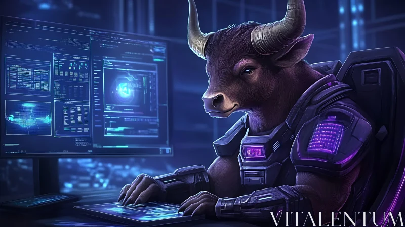 Bull in Futuristic Workspace with Cybernetic Enhancements AI Image