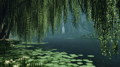 Tranquil Lake Scene Under Willow Trees