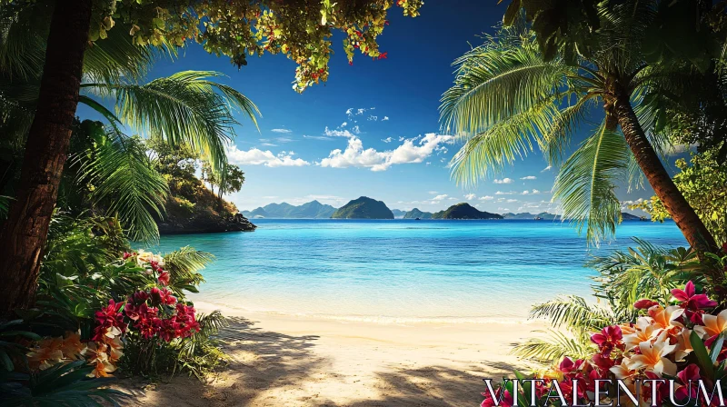 AI ART Idyllic Island Beach Scene with Palms and Blossoms