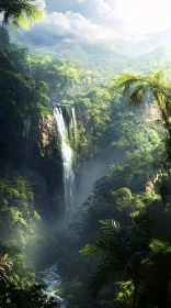 Waterfall in Green Forest with Sunlight and Mist