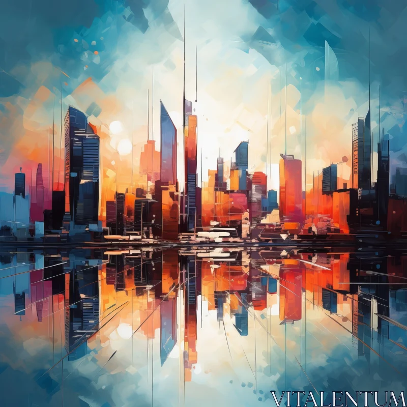 Abstract City Skyline Painting with Reflective Water AI Image