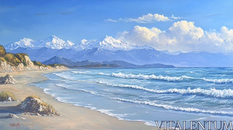 AI ART Coastal Beach with Waves and Majestic Mountain View