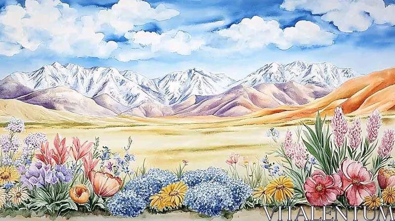 AI ART Vibrant Flower Field and Majestic Mountains