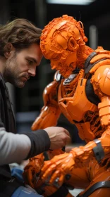 Man Interacting with an Intricately Designed Orange Robot