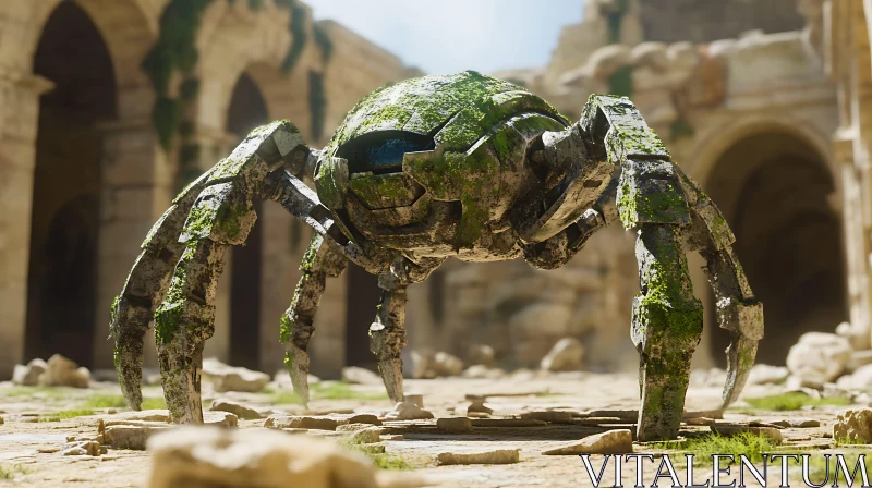 Futuristic Robot in Ancient Stone Structures AI Image